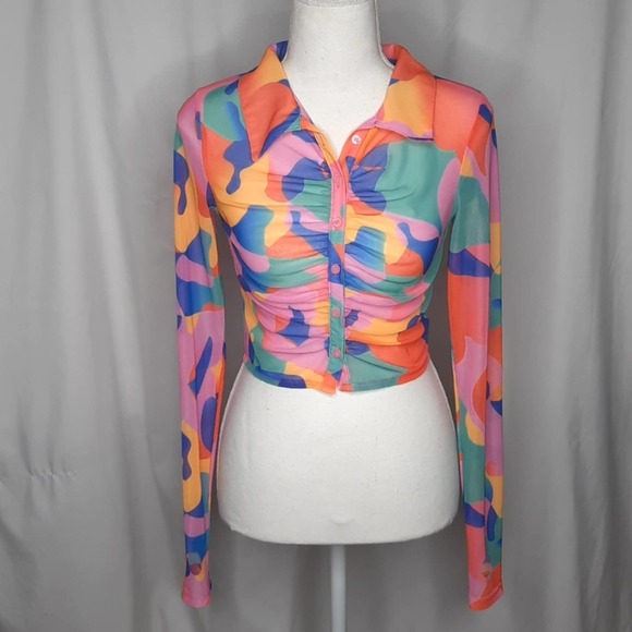 Tiger Mist Tops - Tiger Mist Sheer Florence Top Multi-Color Abstract Pattern Small